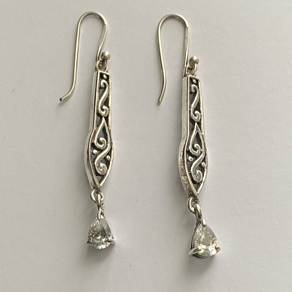 Sterling Silver Filigree Cubic Zirconia Drop Dangle Long Earrings